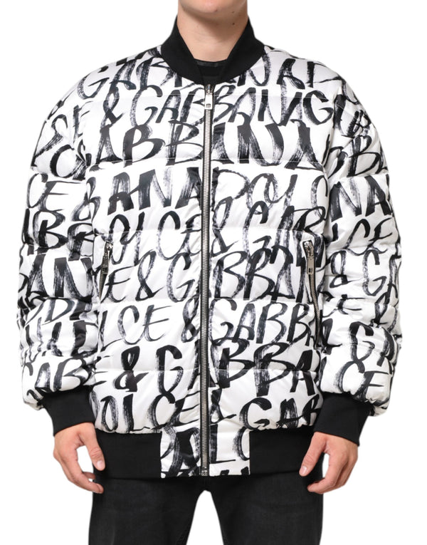 White Black Graffiti Logo Puffer Bomber Jacket Dolce & Gabbana