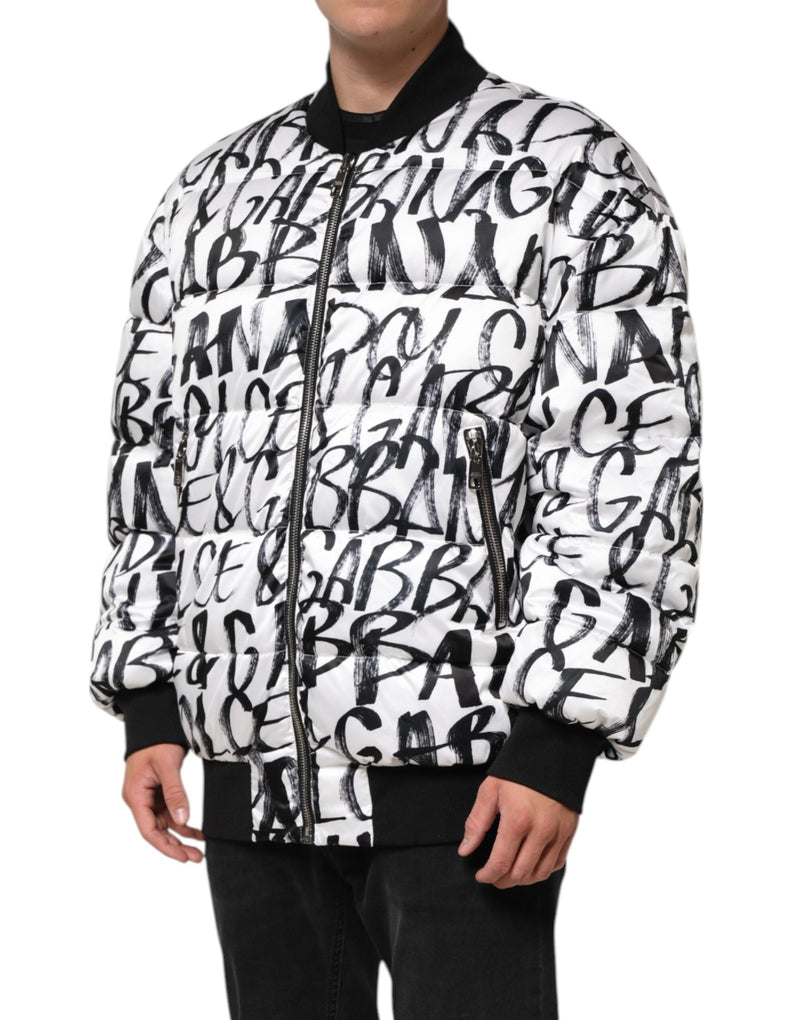 White Black Graffiti Logo Puffer Bomber Jacket Dolce & Gabbana