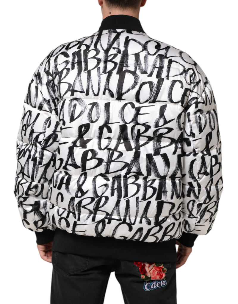 White Black Graffiti Logo Puffer Bomber Jacket Dolce & Gabbana