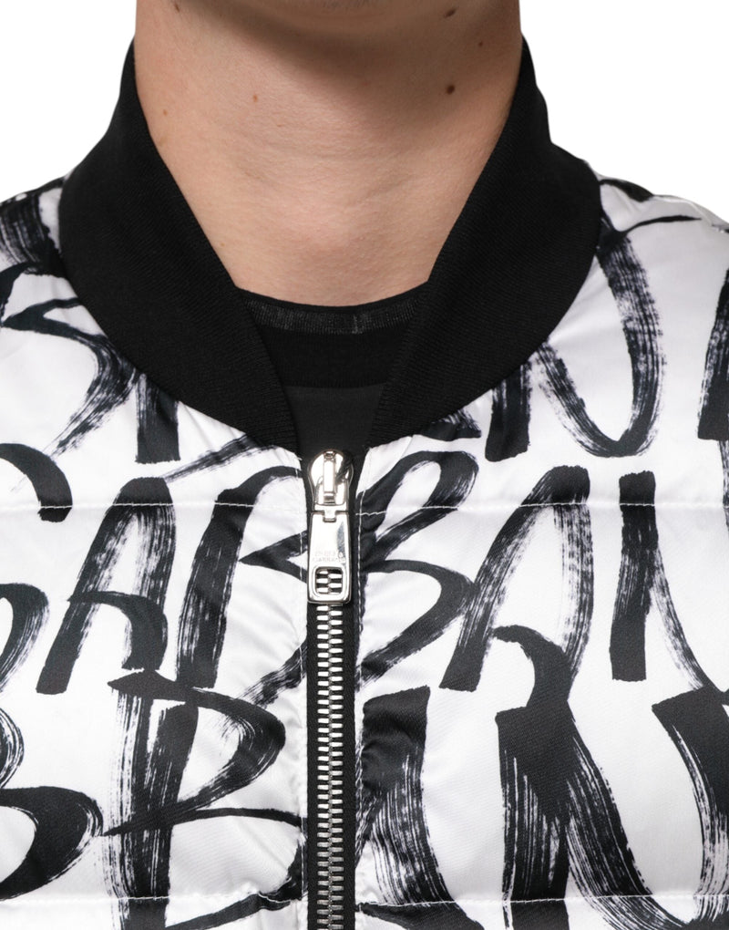 White Black Graffiti Logo Puffer Bomber Jacket Dolce & Gabbana