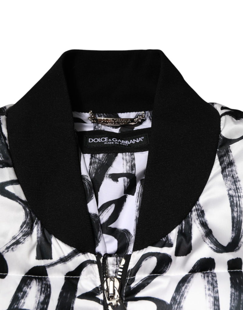 White Black Graffiti Logo Puffer Bomber Jacket Dolce & Gabbana