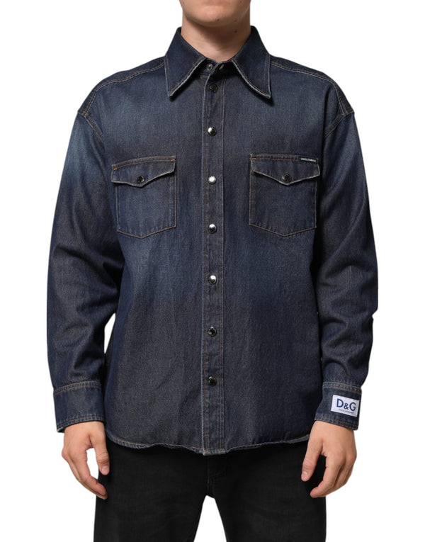 Blue Denim Button Casual Logo Patch Men Shirt Dolce & Gabbana