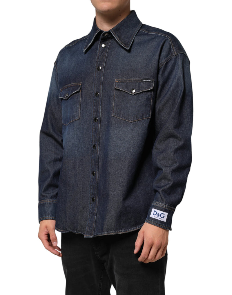 Blue Denim Button Casual Logo Patch Men Shirt Dolce & Gabbana