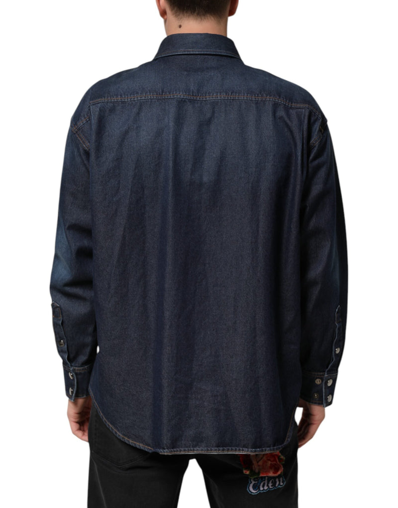 Blue Denim Button Casual Logo Patch Men Shirt Dolce & Gabbana