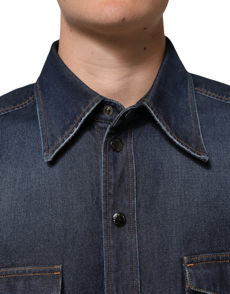 Blue Denim Button Casual Logo Patch Men Shirt Dolce & Gabbana