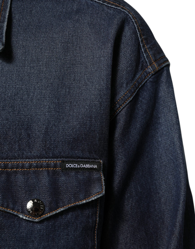 Blue Denim Button Casual Logo Patch Men Shirt Dolce & Gabbana
