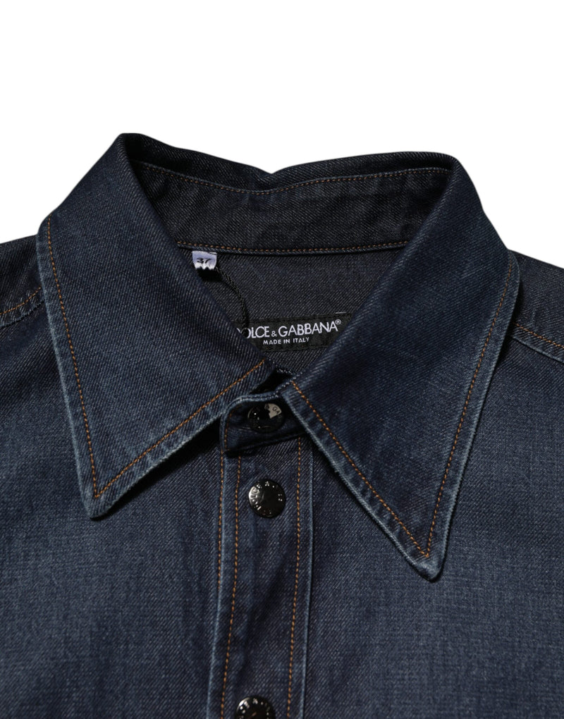 Blue Denim Button Casual Logo Patch Men Shirt Dolce & Gabbana
