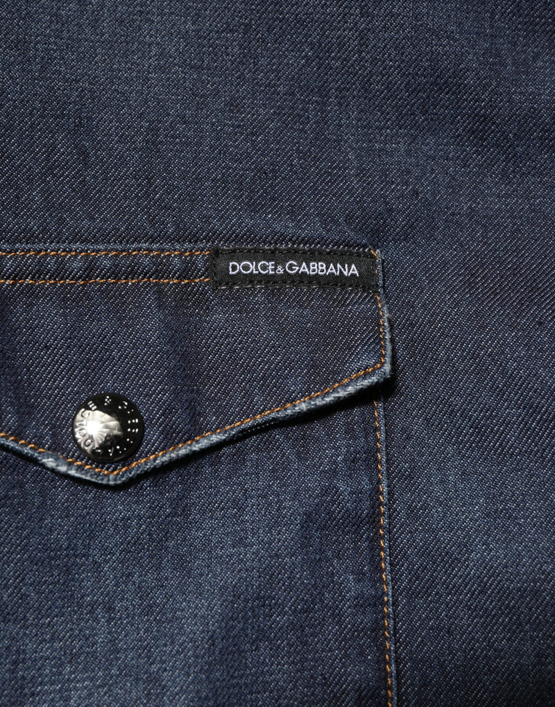 Blue Denim Button Casual Logo Patch Men Shirt Dolce & Gabbana