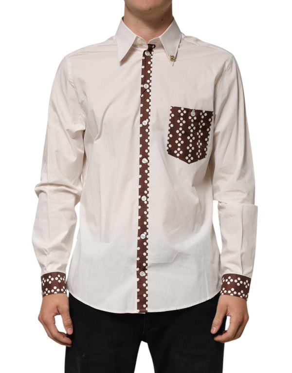 Cream White Cotton Polka Dot Slim Fit Shirt Dolce & Gabbana