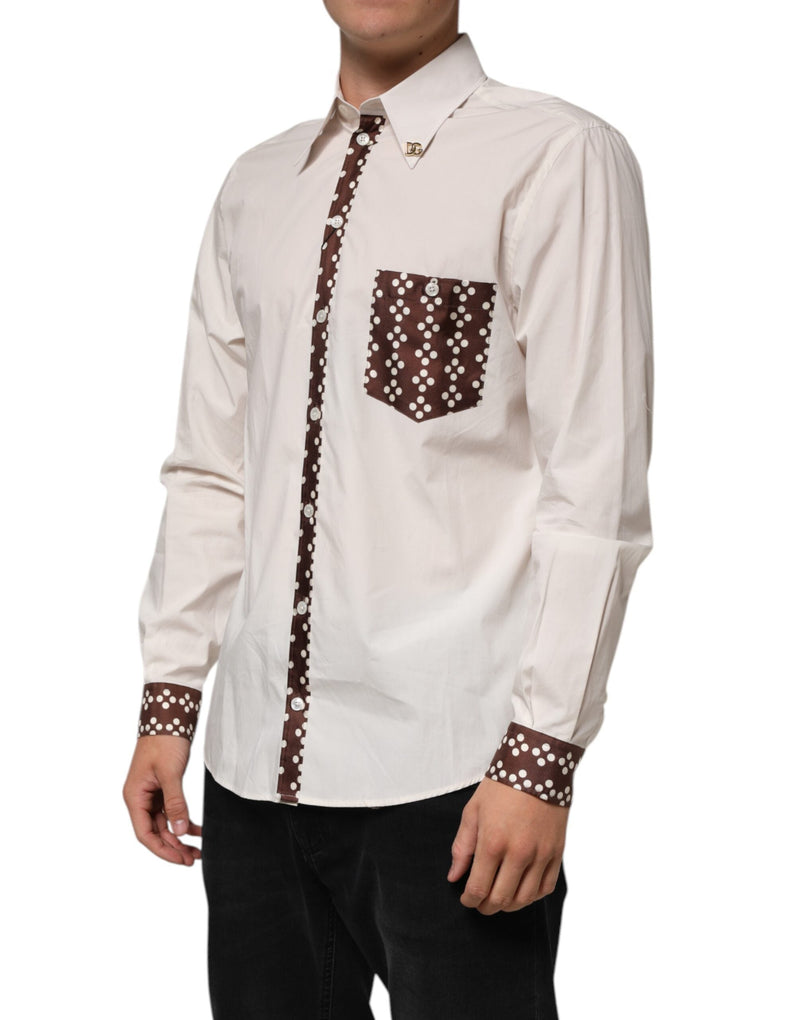 Cream White Cotton Polka Dot Slim Fit Shirt Dolce & Gabbana