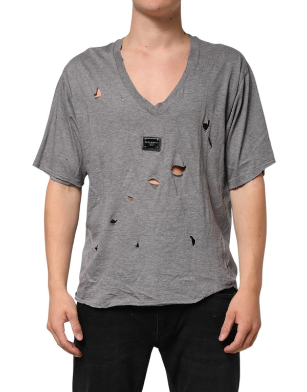 Gray Cotton Tattered Logo Patch Men T-shirt Dolce & Gabbana