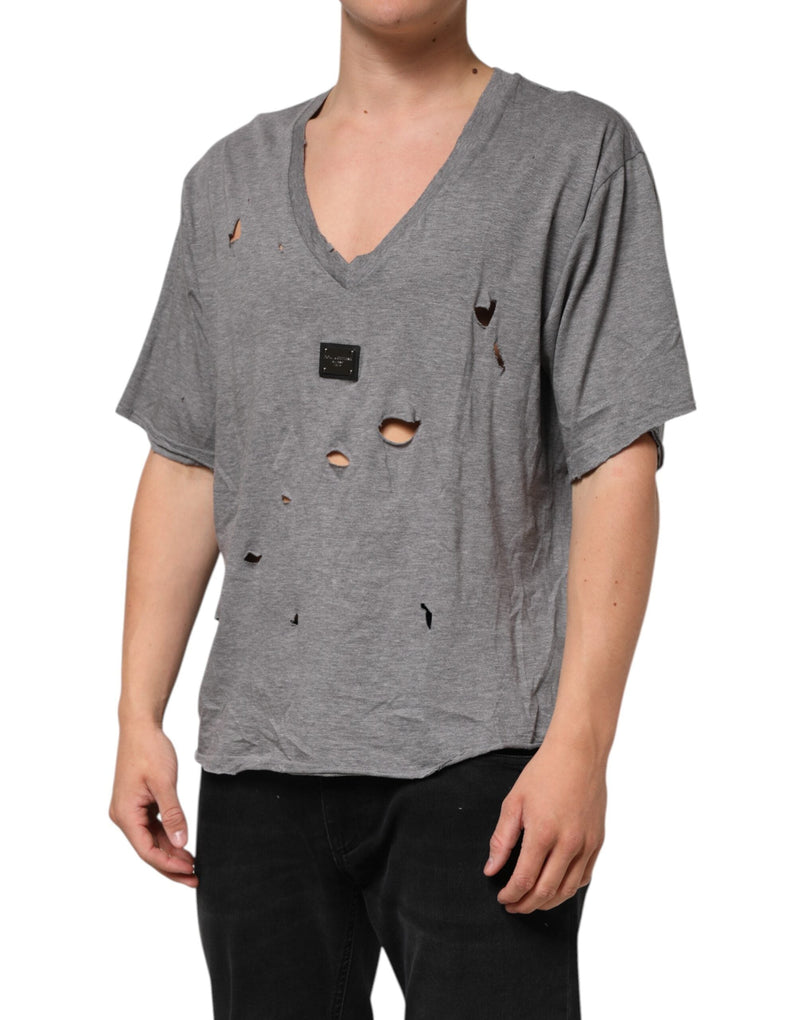 Gray Cotton Tattered Logo Patch Men T-shirt Dolce & Gabbana