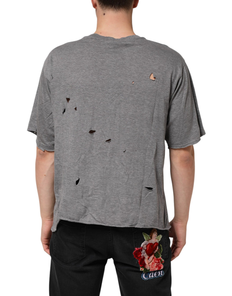 Gray Cotton Tattered Logo Patch Men T-shirt Dolce & Gabbana