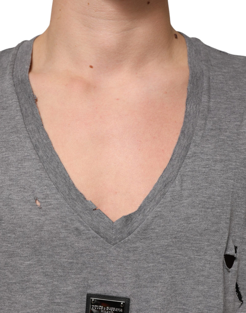 Gray Cotton Tattered Logo Patch Men T-shirt Dolce & Gabbana