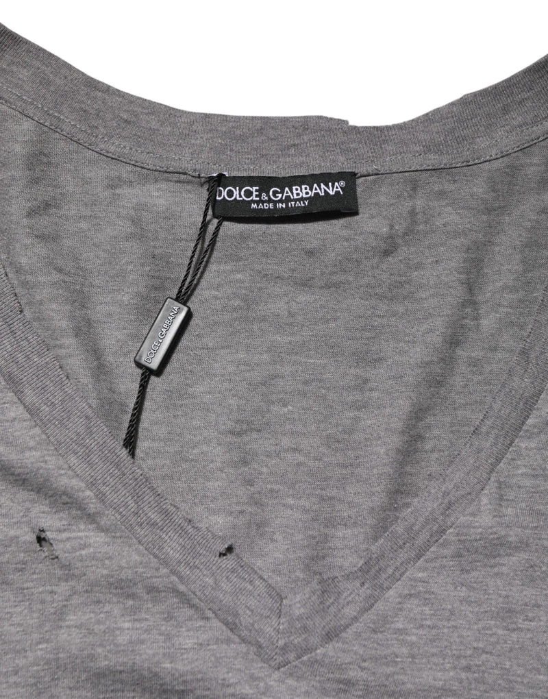 Gray Cotton Tattered Logo Patch Men T-shirt Dolce & Gabbana