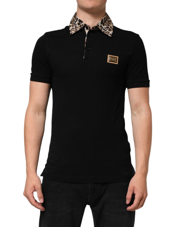 Black Cotton Leopard Collar Polo T-shirt Dolce & Gabbana
