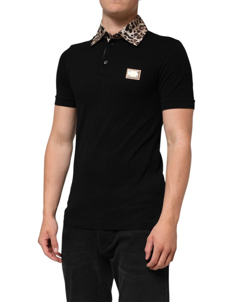 Black Cotton Leopard Collar Polo T-shirt Dolce & Gabbana