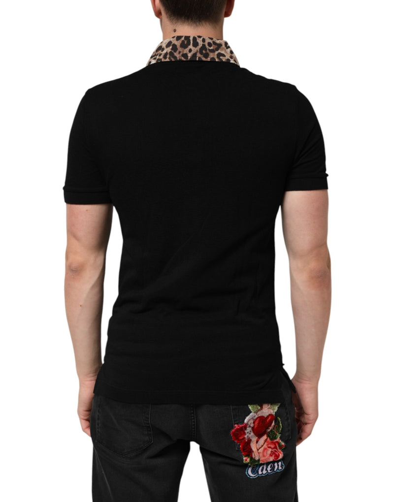 Black Cotton Leopard Collar Polo T-shirt Dolce & Gabbana