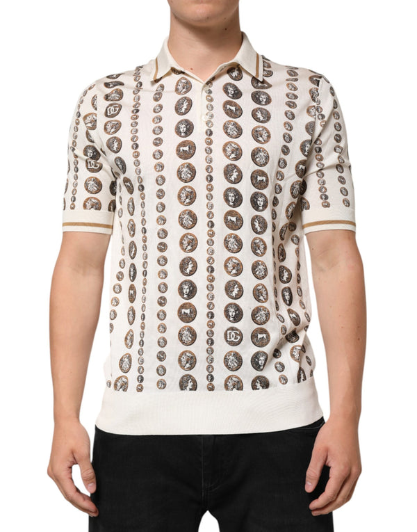 Silk Ivory Coin Print Logo Men Polo T-shirt Dolce & Gabbana