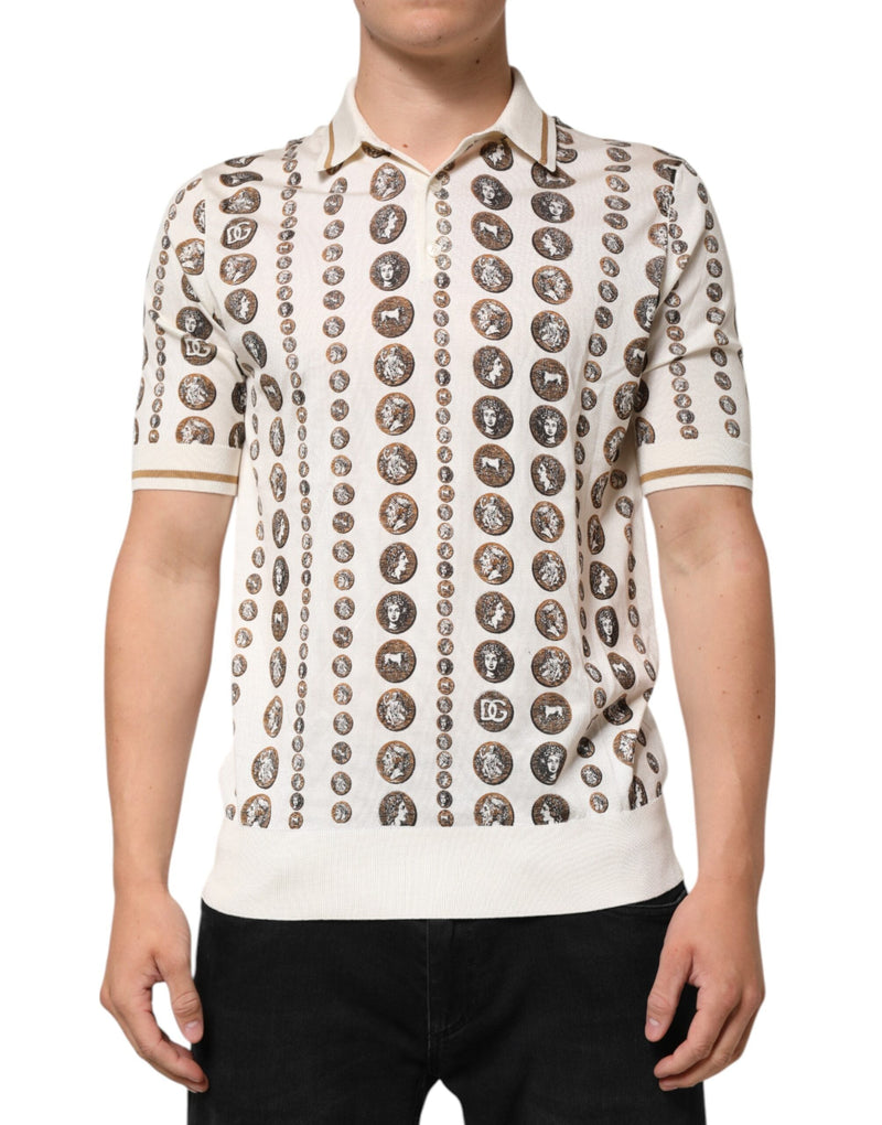 Silk Ivory Coin Print Logo Men Polo T-shirt Dolce & Gabbana