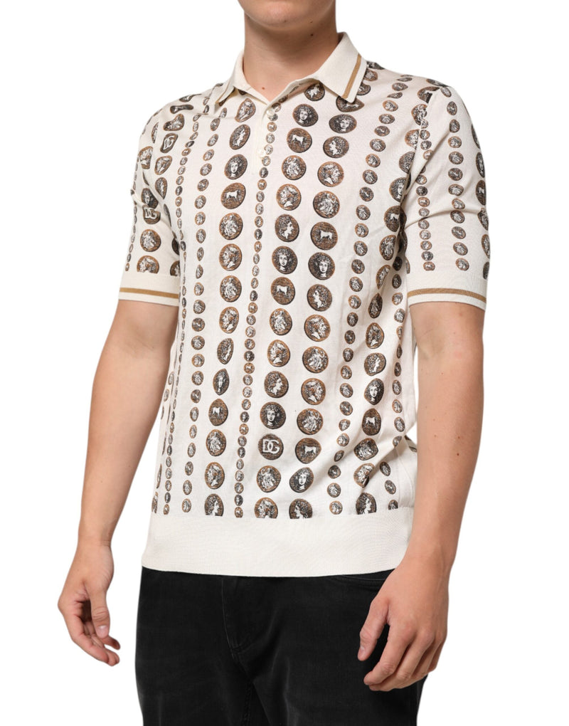 Silk Ivory Coin Print Logo Men Polo T-shirt Dolce & Gabbana