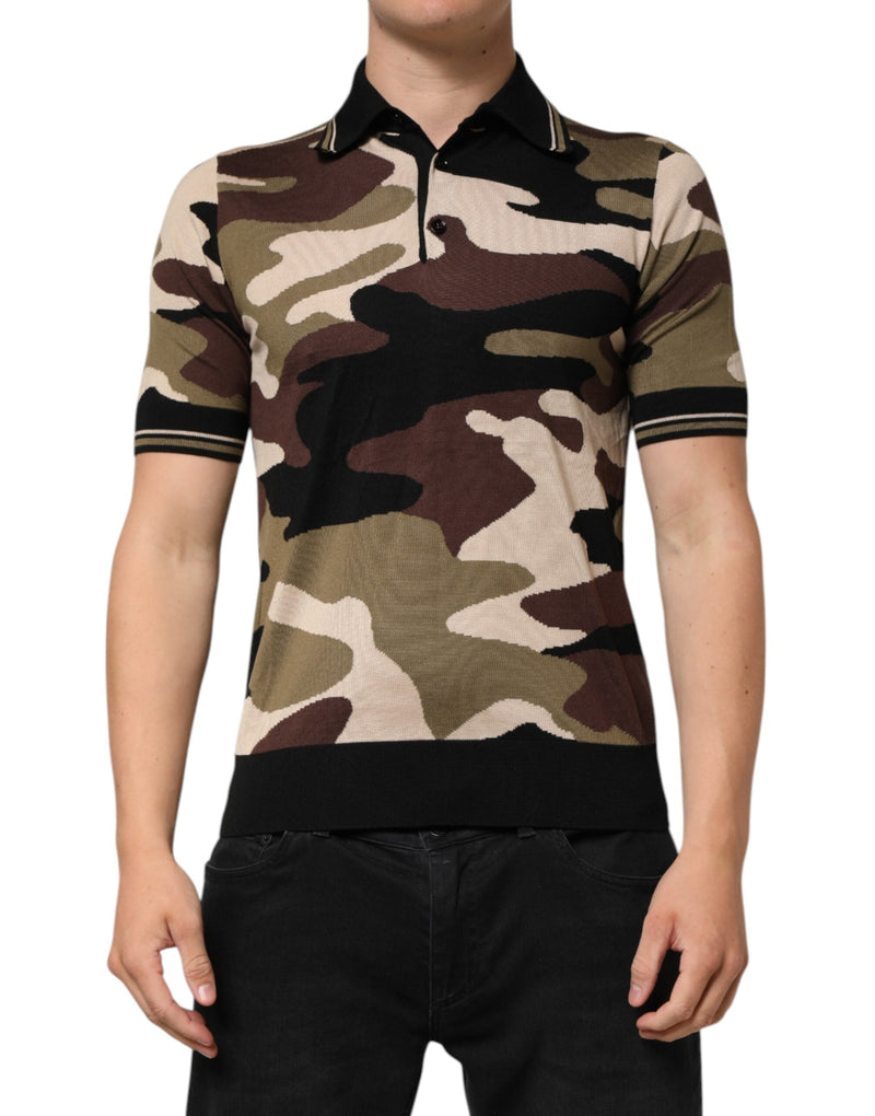Camouflage Brown Silk MilitaryPolo T-shirt Dolce & Gabbana
