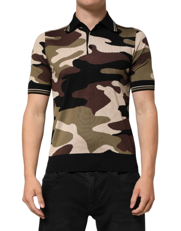 Camouflage Brown Silk MilitaryPolo T-shirt Dolce & Gabbana
