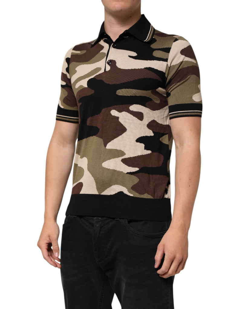 Camouflage Brown Silk MilitaryPolo T-shirt Dolce & Gabbana