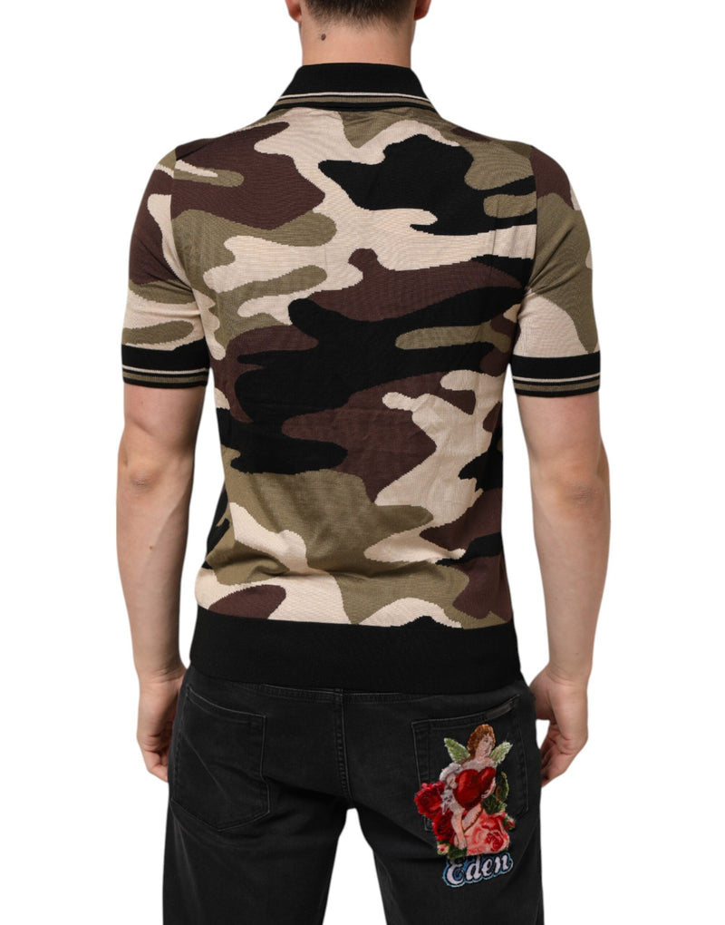 Camouflage Brown Silk MilitaryPolo T-shirt Dolce & Gabbana