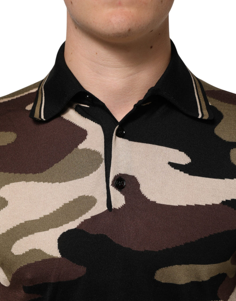 Camouflage Brown Silk MilitaryPolo T-shirt Dolce & Gabbana