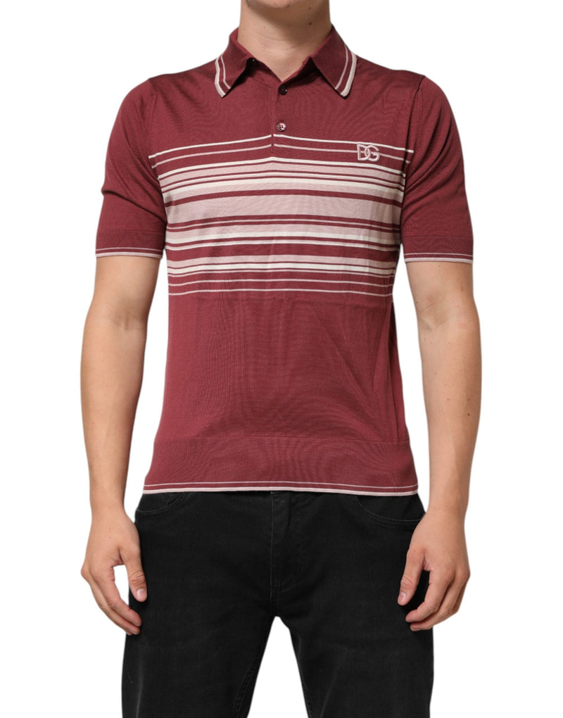 Cotton Burgundy Striped DG Logo Polo  T-shirt Dolce & Gabbana