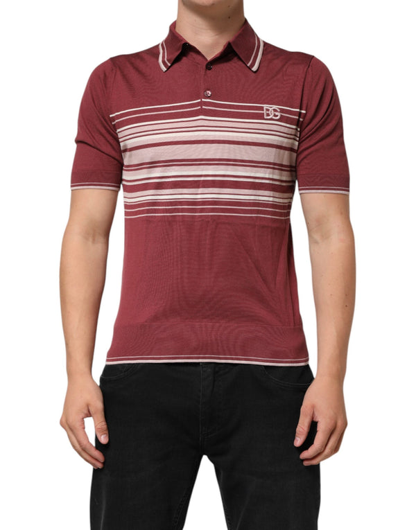 Cotton Burgundy Striped DG Logo Polo  T-shirt Dolce & Gabbana
