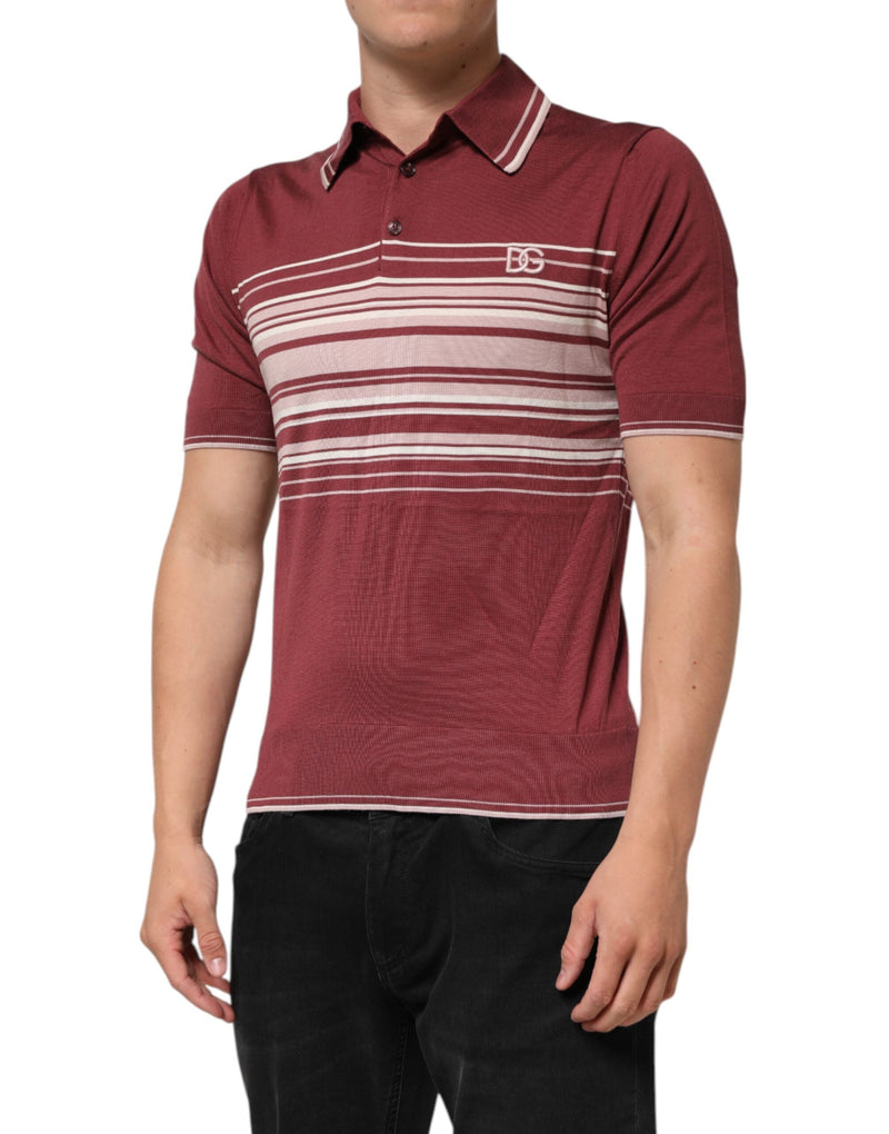 Cotton Burgundy Striped DG Logo Polo  T-shirt Dolce & Gabbana