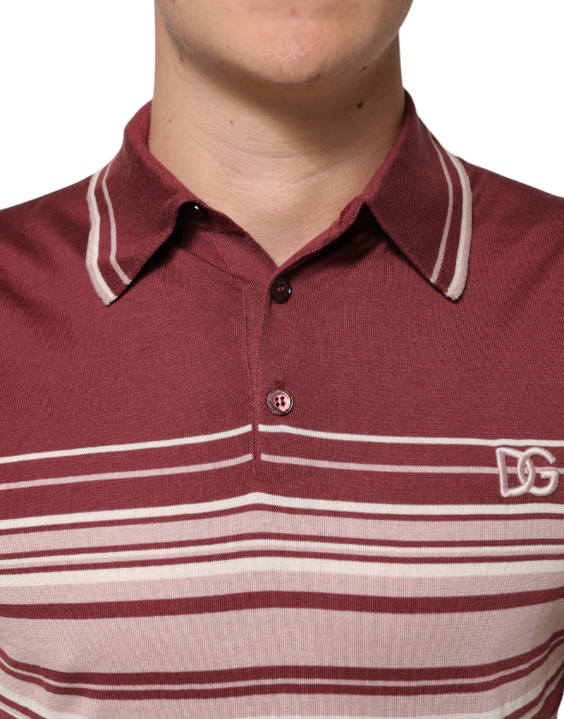 Cotton Burgundy Striped DG Logo Polo  T-shirt Dolce & Gabbana