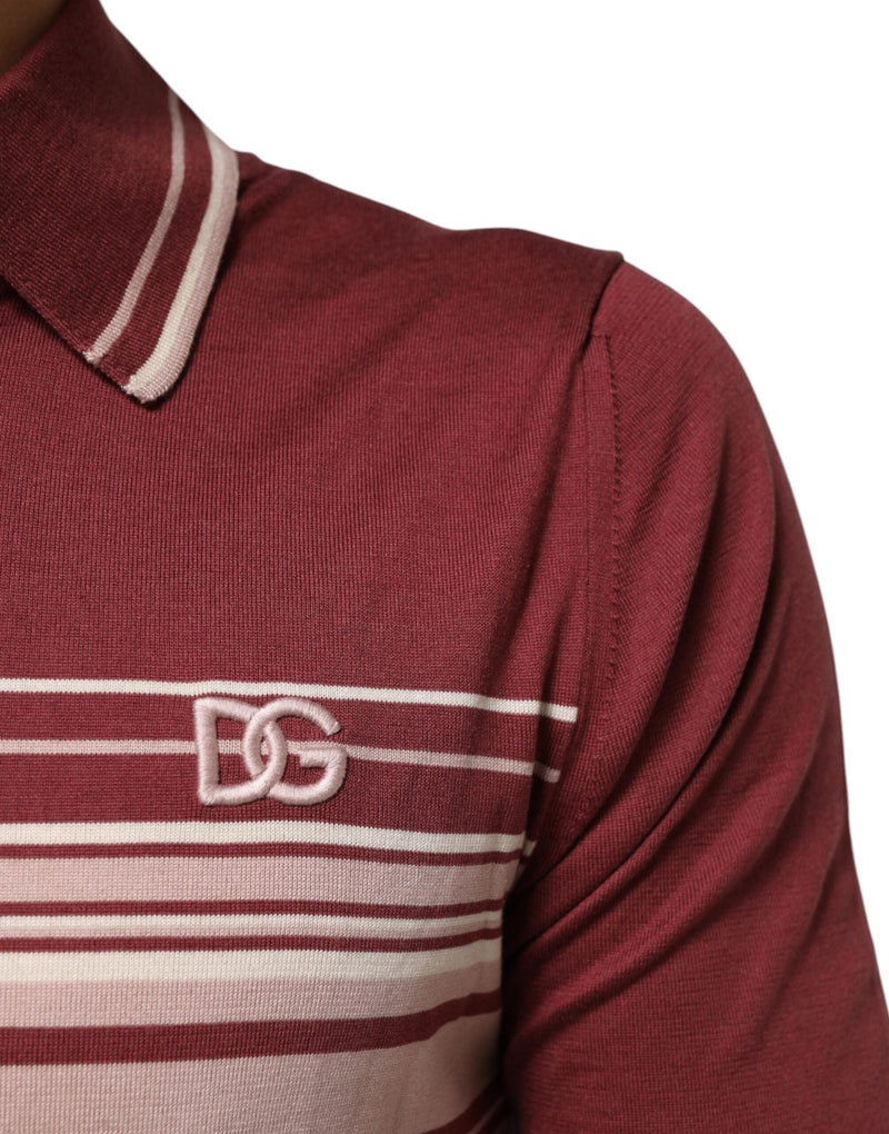 Cotton Burgundy Striped DG Logo Polo  T-shirt Dolce & Gabbana