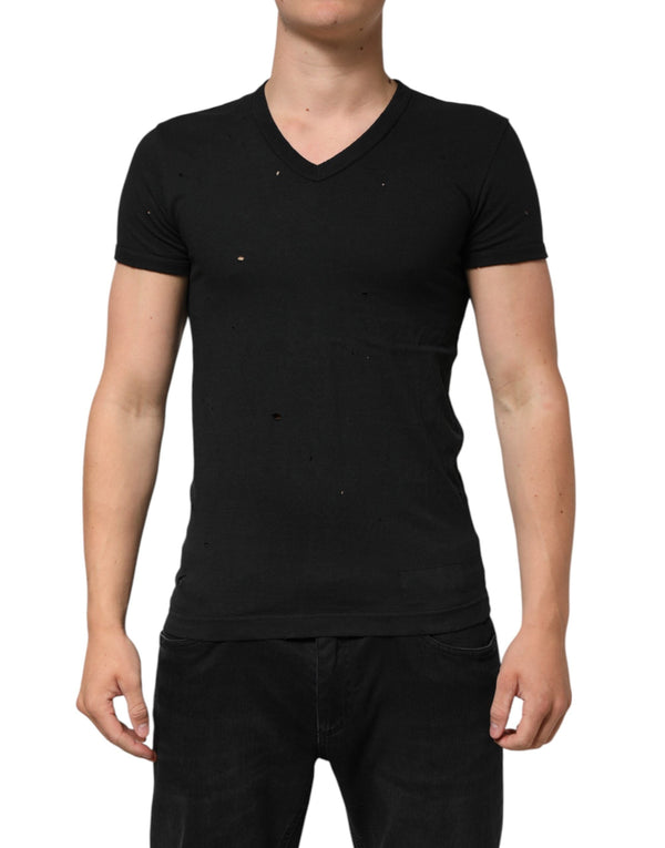 Black Cotton Tattered Logo V-Neck Men T-shirt Dolce & Gabbana