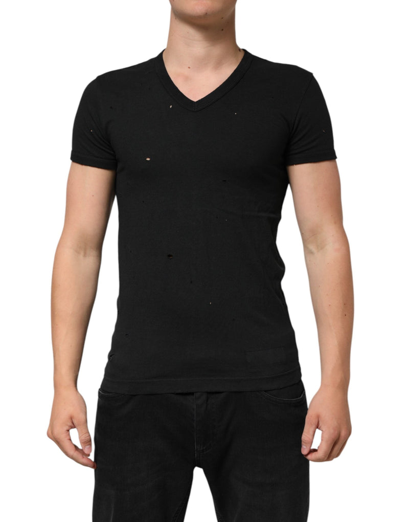 Black Cotton Tattered Logo V-Neck Men T-shirt Dolce & Gabbana