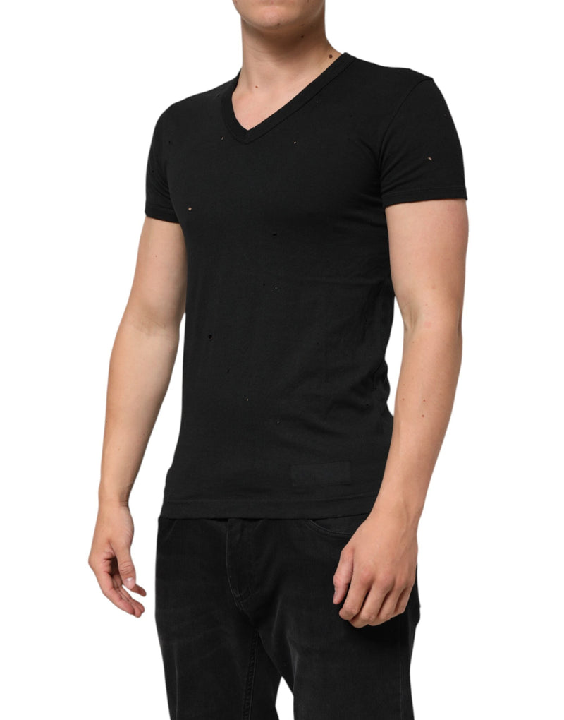 Black Cotton Tattered Logo V-Neck Men T-shirt Dolce & Gabbana