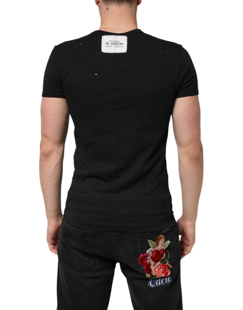 Black Cotton Tattered Logo V-Neck Men T-shirt Dolce & Gabbana
