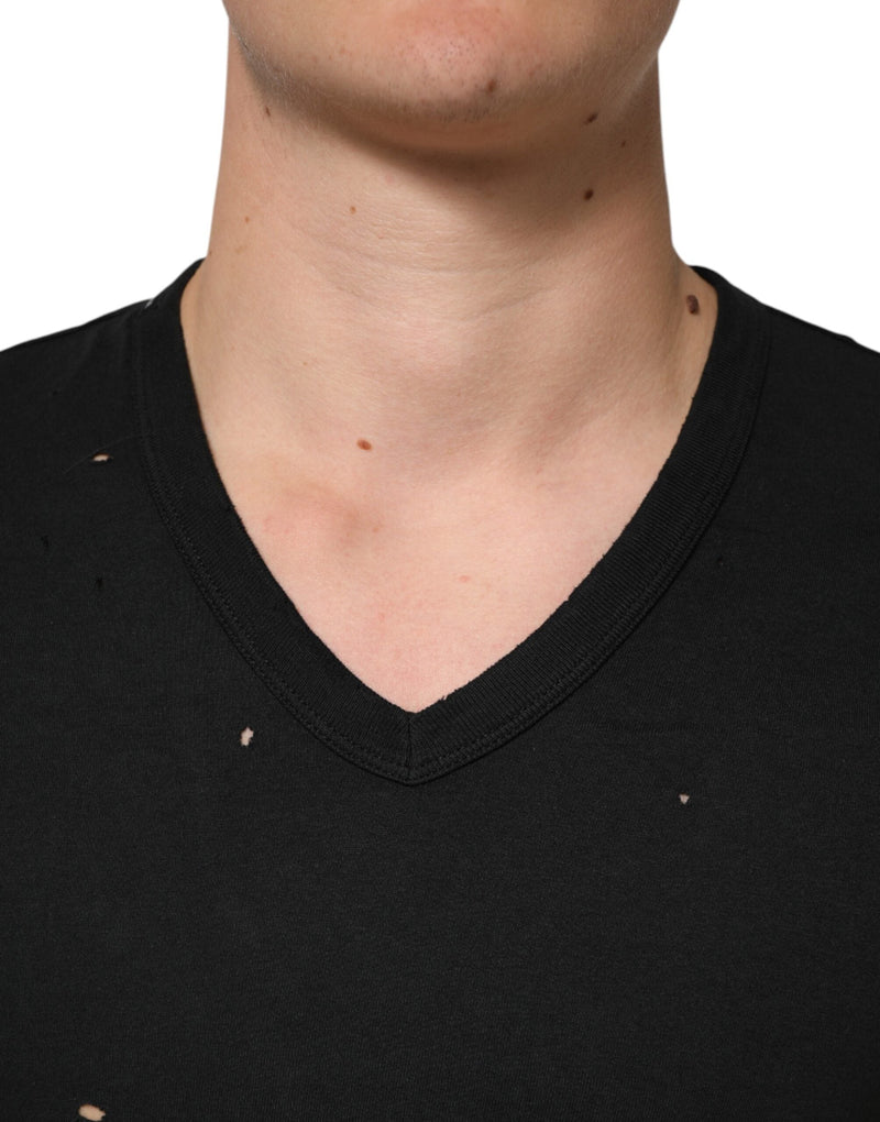Black Cotton Tattered Logo V-Neck Men T-shirt Dolce & Gabbana