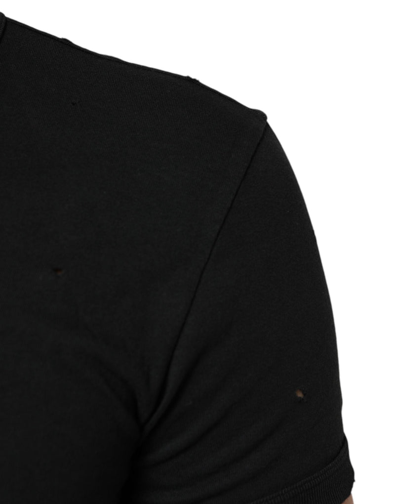 Black Cotton Tattered Logo V-Neck Men T-shirt Dolce & Gabbana