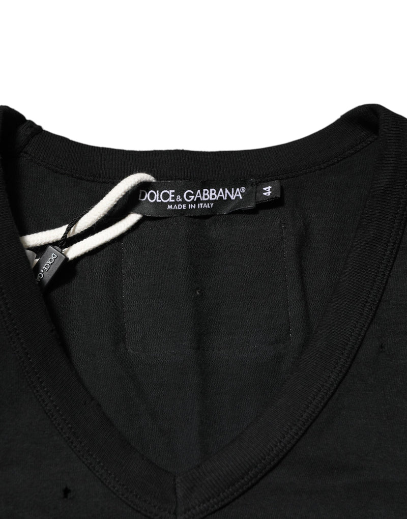 Black Cotton Tattered Logo V-Neck Men T-shirt Dolce & Gabbana