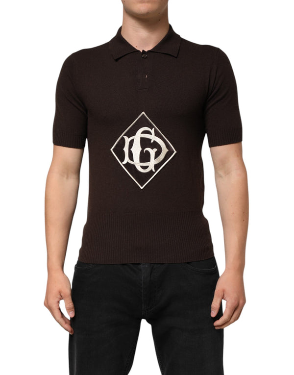 Brown Wool Logo Embroidered Men Polo T-shirt Dolce & Gabbana