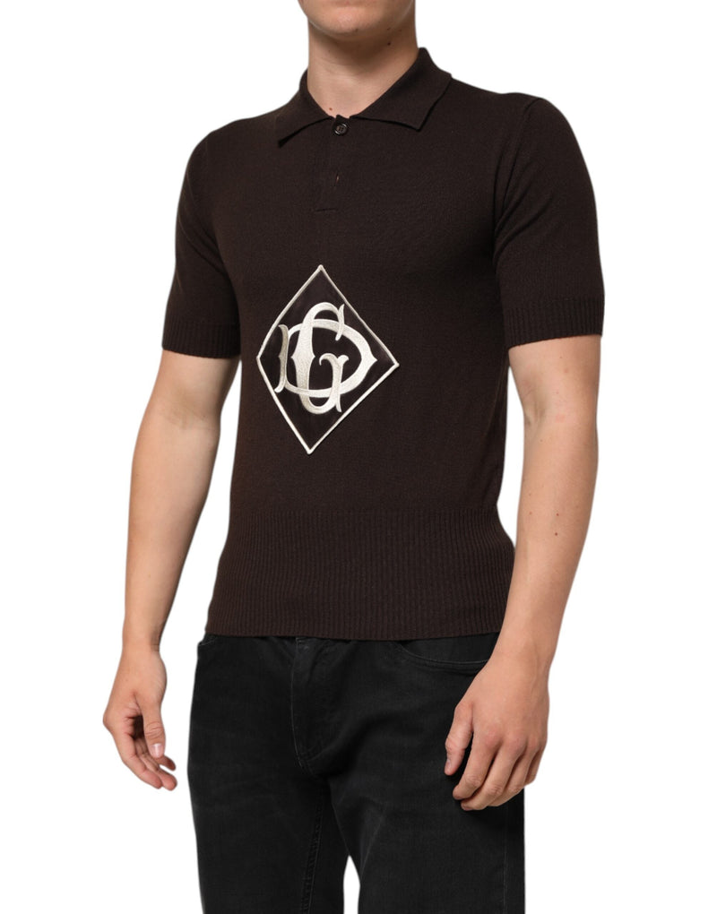 Brown Wool Logo Embroidered Men Polo T-shirt Dolce & Gabbana