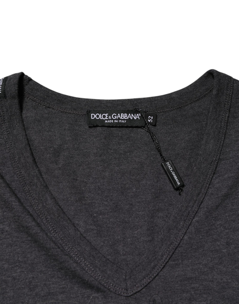 Black Charcoal DG Logo V-Neck Men T-shirt Dolce & Gabbana