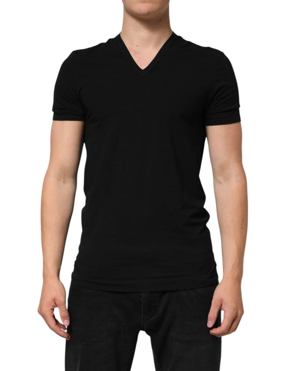 Black Cotton Slim Fit Men V-Neck Shirt T-shirt Dolce & Gabbana