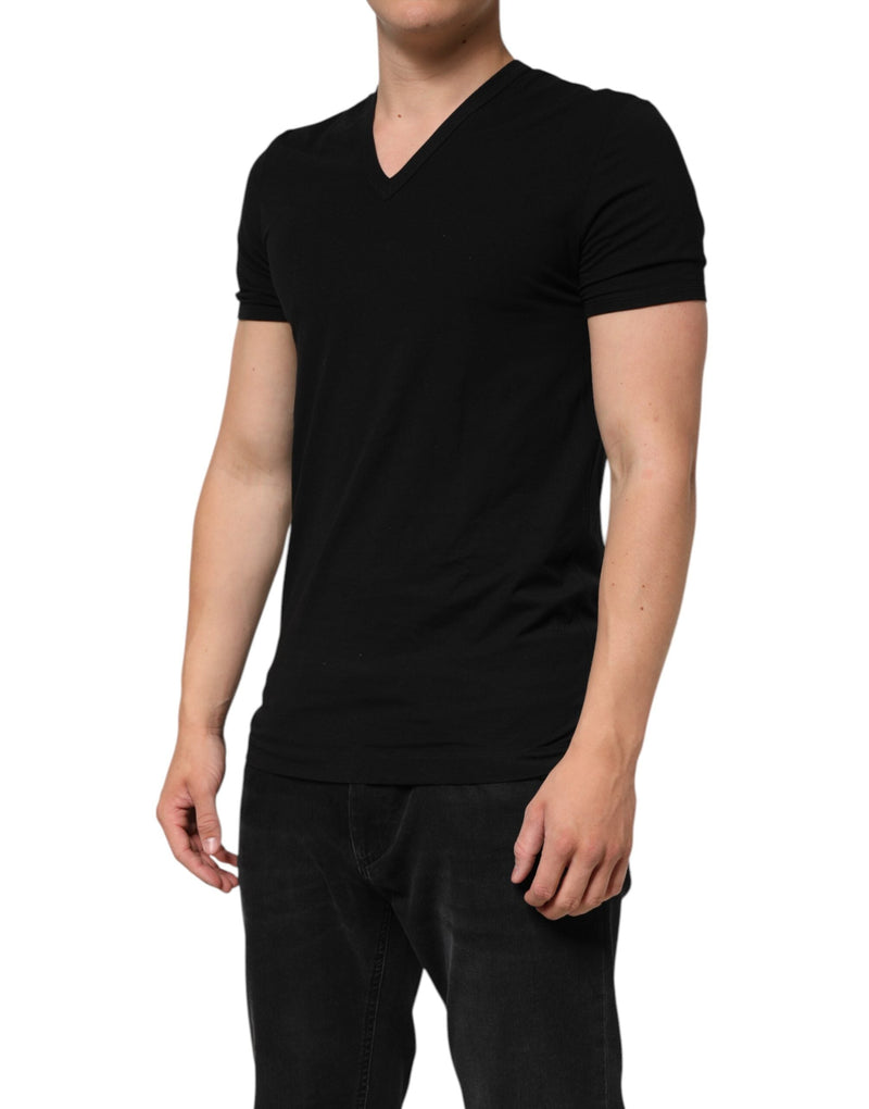 Black Cotton Slim Fit Men V-Neck Shirt T-shirt Dolce & Gabbana