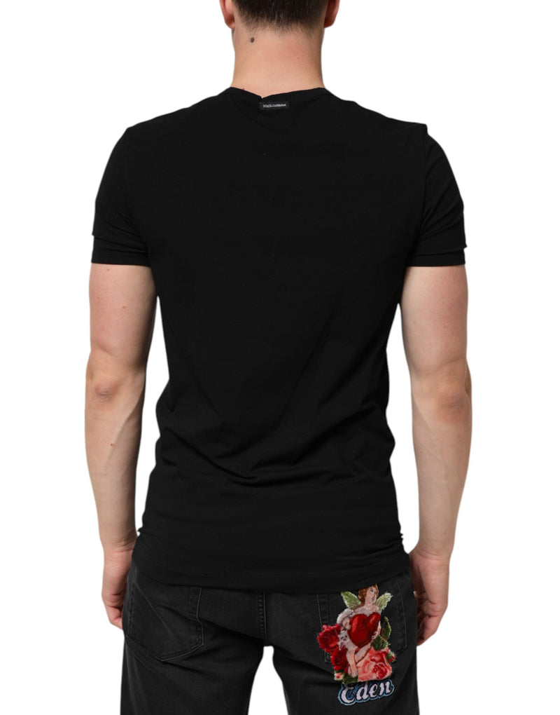 Black Cotton Slim Fit Men V-Neck Shirt T-shirt Dolce & Gabbana