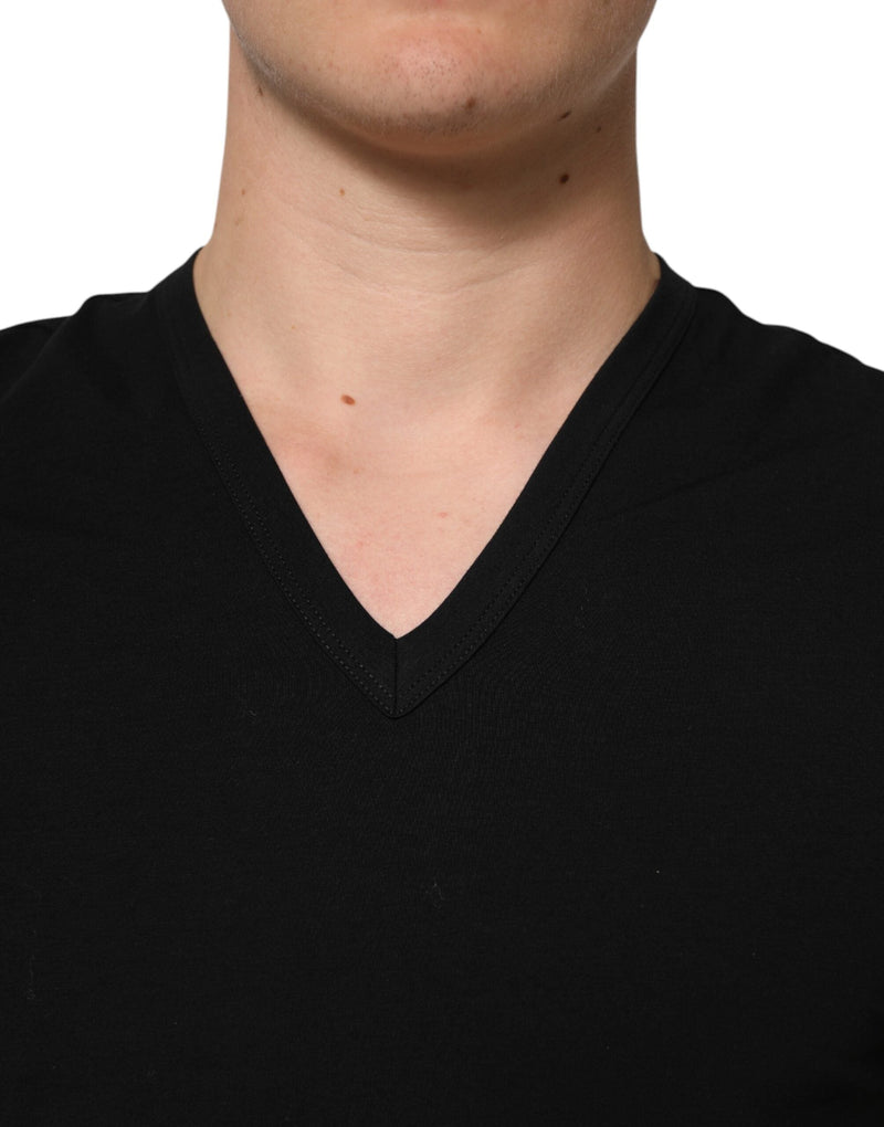 Black Cotton Slim Fit Men V-Neck Shirt T-shirt Dolce & Gabbana