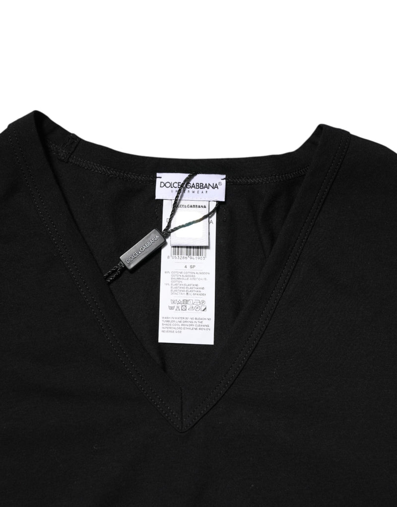 Black Cotton Slim Fit Men V-Neck Shirt T-shirt Dolce & Gabbana
